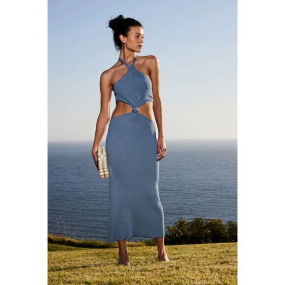 NWT Cult Gaia Cameron Knit Dress Size Large Ribbed Steel Blue Midi - Picture 1 of 9